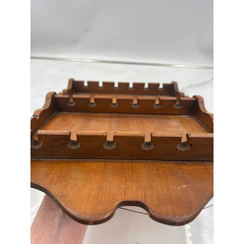 Vintage Wooden Spoon Display Rack Wall Hanging Scalloped 18 Slot 3 Tier Brown